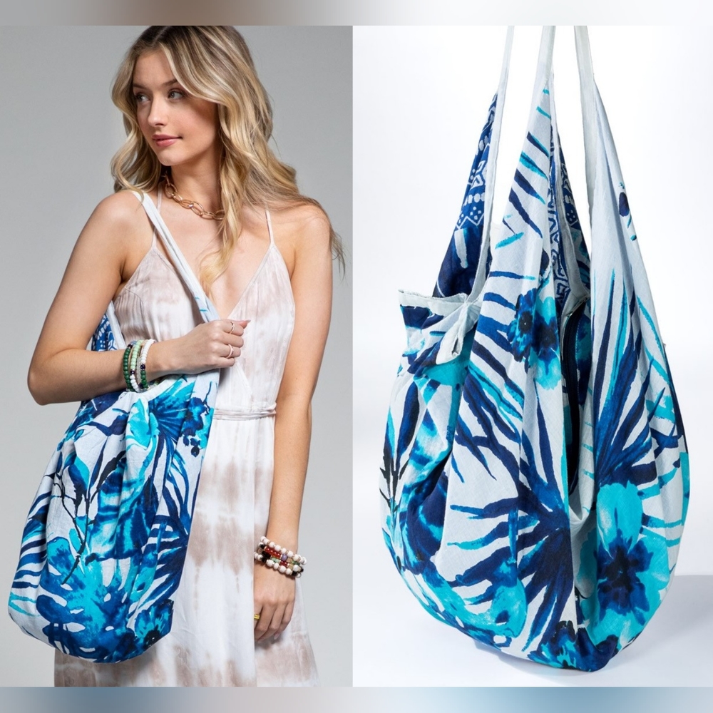 Boho Chic Beach Yoga Hobo Shoulder Bag - 100% Cotton - Tropical Flower Design